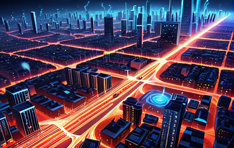A captivating futuristic digital illustration showcasing the omnipresent nature of electromagnetic waves in a modern cityscape. Glowing, intricate lines and networks, representing Wi-Fi, cellular, and radio waves, seamlessly connect diverse individuals using smartphones, laptops, and other smart devices across the urban landscape. The waves originate from central communication hubs, extending outwards to create a vibrant, interconnected web that envelops the city. The overall atmosphere evokes a sense of essential, invisible technology, serving as the 'blood circulatory system' of contemporary civilization, with a dynamic and energetic visual style, perhaps at dusk or night with subtle light effects.