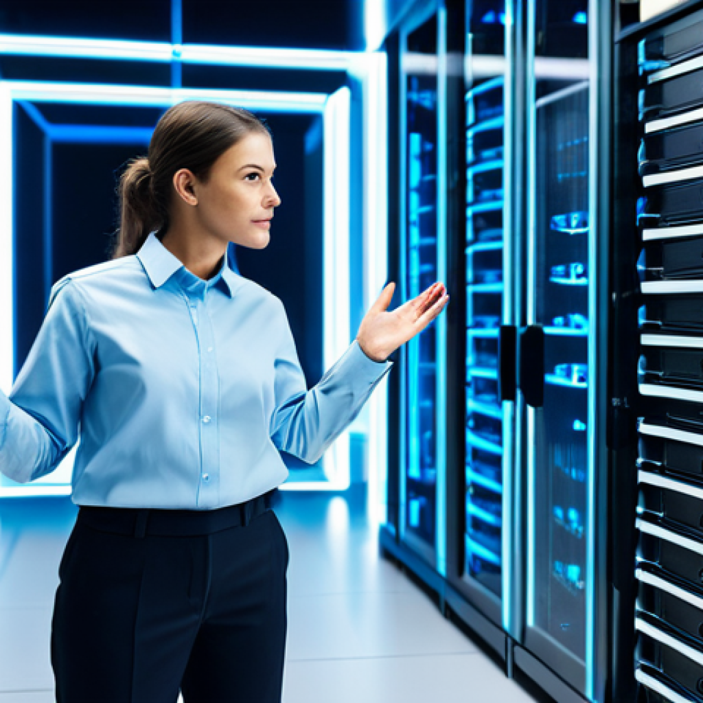 A professional software architect, a man or woman, in a modest business shirt and trousers, standing confidently in a futuristic, minimalist server room. Their hands are gesturing towards a large, glowing holographic display. On the display, abstract, tangled lines are visually transforming into clear, organized, modular blocks, connected by clean, distinct pathways, symbolizing the transition from chaotic code to structured object-oriented design. The background features blurred server racks and ambient blue light. Perfect anatomy, natural pose, well-formed hands, correct proportions. Professional photography, high-resolution, sharp focus. Fully clothed, appropriate attire, modest clothing, safe for work, appropriate content.