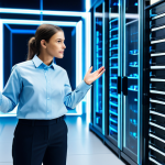 A professional software architect, a man or woman, in a modest business shirt and trousers, standing confidently in a futuristic, minimalist server room. Their hands are gesturing towards a large, glowing holographic display. On the display, abstract, tangled lines are visually transforming into clear, organized, modular blocks, connected by clean, distinct pathways, symbolizing the transition from chaotic code to structured object-oriented design. The background features blurred server racks and ambient blue light. Perfect anatomy, natural pose, well-formed hands, correct proportions. Professional photography, high-resolution, sharp focus. Fully clothed, appropriate attire, modest clothing, safe for work, appropriate content.