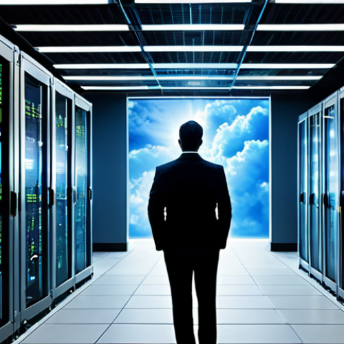 A diverse group of professional IT engineers, fully clothed in modest business attire, stands observing a transformative scene in a modern, well-lit data center. On one side, traditional, bulky server racks with blinking lights symbolize the past. On the other side, glowing, abstract representations of cloud infrastructure and seamlessly flowing container symbols depict the dynamic, flexible future. The transition is smooth and visually captivating, with energetic lines connecting the old and new. The overall atmosphere is one of progress and innovation. Perfect anatomy, correct proportions, natural poses, well-formed hands, proper finger count, natural body proportions. High-quality professional photography, safe for work, appropriate content, fully clothed, professional, family-friendly.
