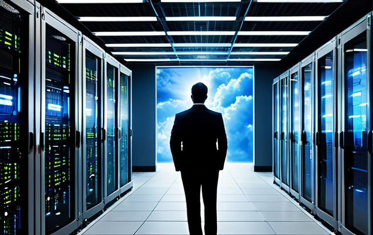 A diverse group of professional IT engineers, fully clothed in modest business attire, stands observing a transformative scene in a modern, well-lit data center. On one side, traditional, bulky server racks with blinking lights symbolize the past. On the other side, glowing, abstract representations of cloud infrastructure and seamlessly flowing container symbols depict the dynamic, flexible future. The transition is smooth and visually captivating, with energetic lines connecting the old and new. The overall atmosphere is one of progress and innovation. Perfect anatomy, correct proportions, natural poses, well-formed hands, proper finger count, natural body proportions. High-quality professional photography, safe for work, appropriate content, fully clothed, professional, family-friendly.