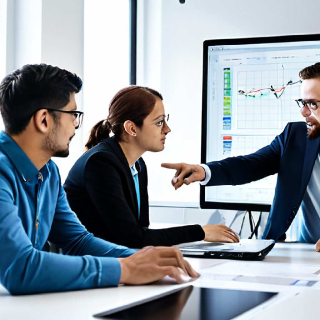 A diverse team of professional software engineers, fully clothed in modest business casual attire, collaboratively working at a large modern desk in a brightly lit, contemporary office. They are engaged in a focused discussion, pointing at diagrams and code on large display screens, embodying efficient teamwork and innovation. The atmosphere is professional, calm, and productive. Perfect anatomy, correct proportions, natural pose, well-formed hands, proper finger count, natural body proportions, safe for work, appropriate content, professional dress, high quality, family-friendly.