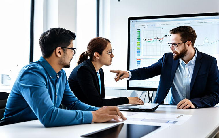 A diverse team of professional software engineers, fully clothed in modest business casual attire, collaboratively working at a large modern desk in a brightly lit, contemporary office. They are engaged in a focused discussion, pointing at diagrams and code on large display screens, embodying efficient teamwork and innovation. The atmosphere is professional, calm, and productive. Perfect anatomy, correct proportions, natural pose, well-formed hands, proper finger count, natural body proportions, safe for work, appropriate content, professional dress, high quality, family-friendly.