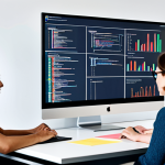 **

"A diverse team of software developers in a modern, brightly lit office space, fully clothed in professional attire, collaborating on a project. They are looking at a large screen displaying lines of code and architectural diagrams. Include laptops, whiteboards with flowcharts, and sticky notes.  Safe for work, appropriate content, perfect anatomy, correct proportions, natural pose, well-formed hands, proper finger count, natural body proportions, high quality, professional."

**