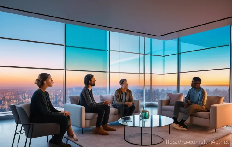 차세대 통신 기술 - "A diverse group of people, aged 15 and above, dressed in stylish, modern everyday clothing, are gat...