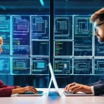 블록체인 기반 앱 개발 - **Prompt:** A diverse group of young, tech-savvy professionals, both male and female, in a modern, b...