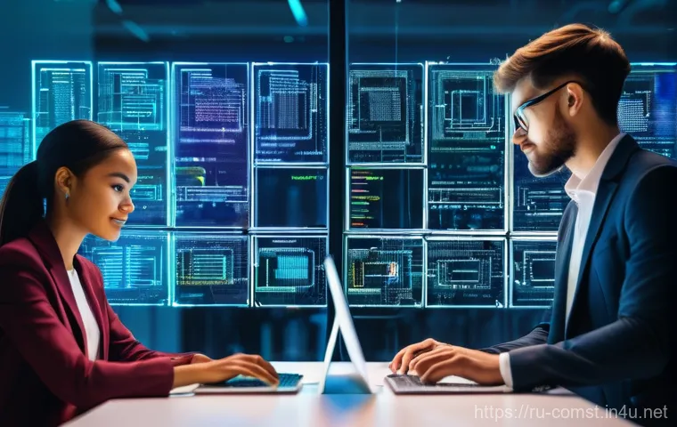 블록체인 기반 앱 개발 - **Prompt:** A diverse group of young, tech-savvy professionals, both male and female, in a modern, b...