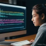 프로그래밍 기초 - **Prompt 1: The First Spark of Code**
A young adult, approximately 20-25 years old, sits at a mo...