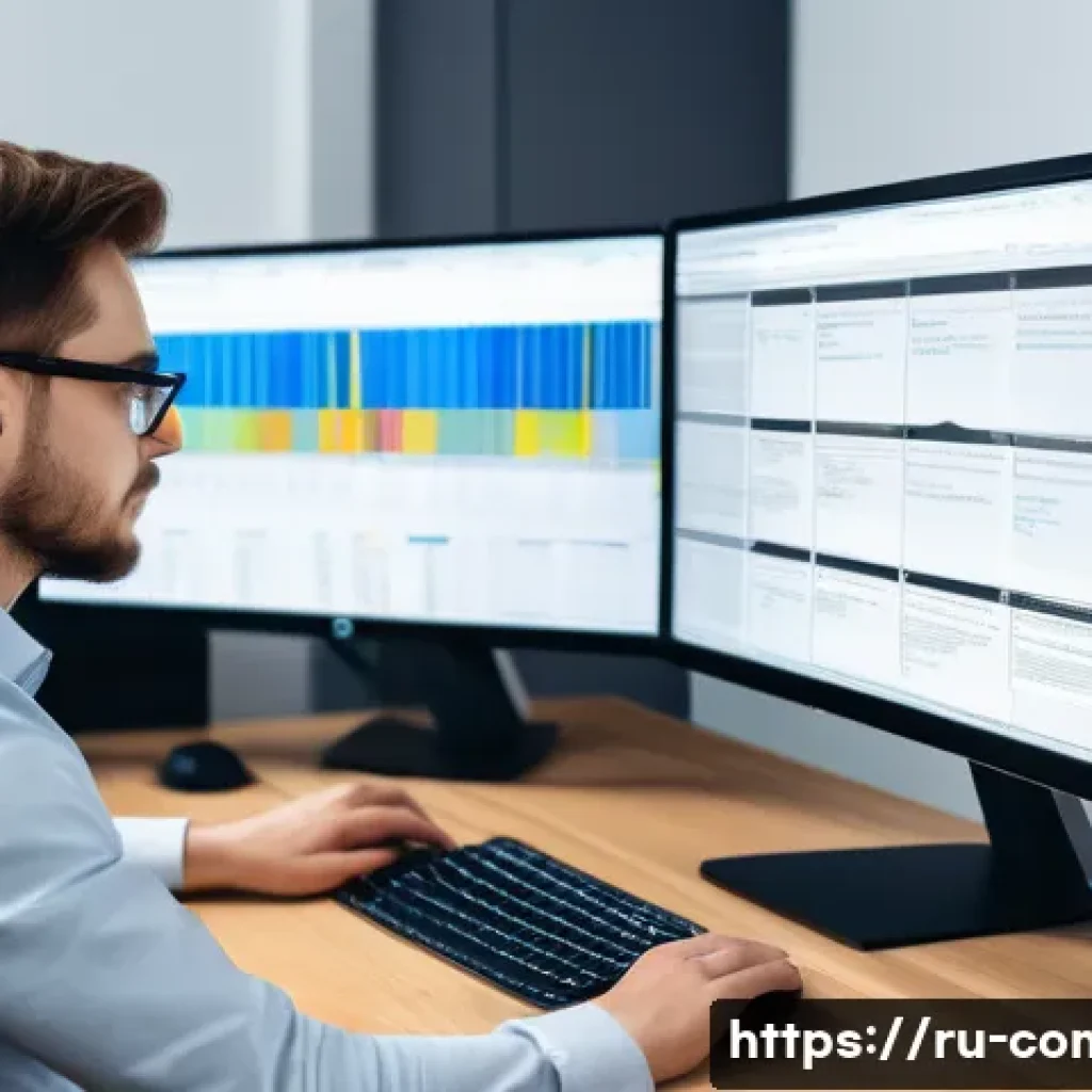 자료구조와 알고리즘 - A professional software engineer working at a modern desk setup, analyzing complex data structures o...