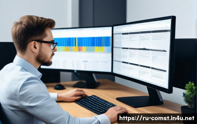 자료구조와 알고리즘 - A professional software engineer working at a modern desk setup, analyzing complex data structures o...