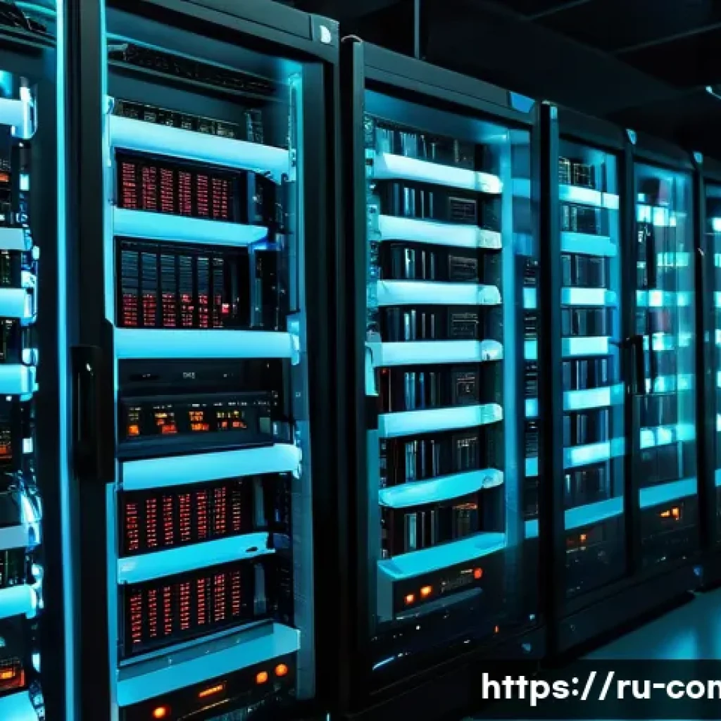 리눅스 시스템 관리 - A detailed, realistic scene inside a modern Linux server room with multiple racks of servers glowing...
