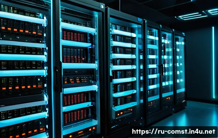 리눅스 시스템 관리 - A detailed, realistic scene inside a modern Linux server room with multiple racks of servers glowing...