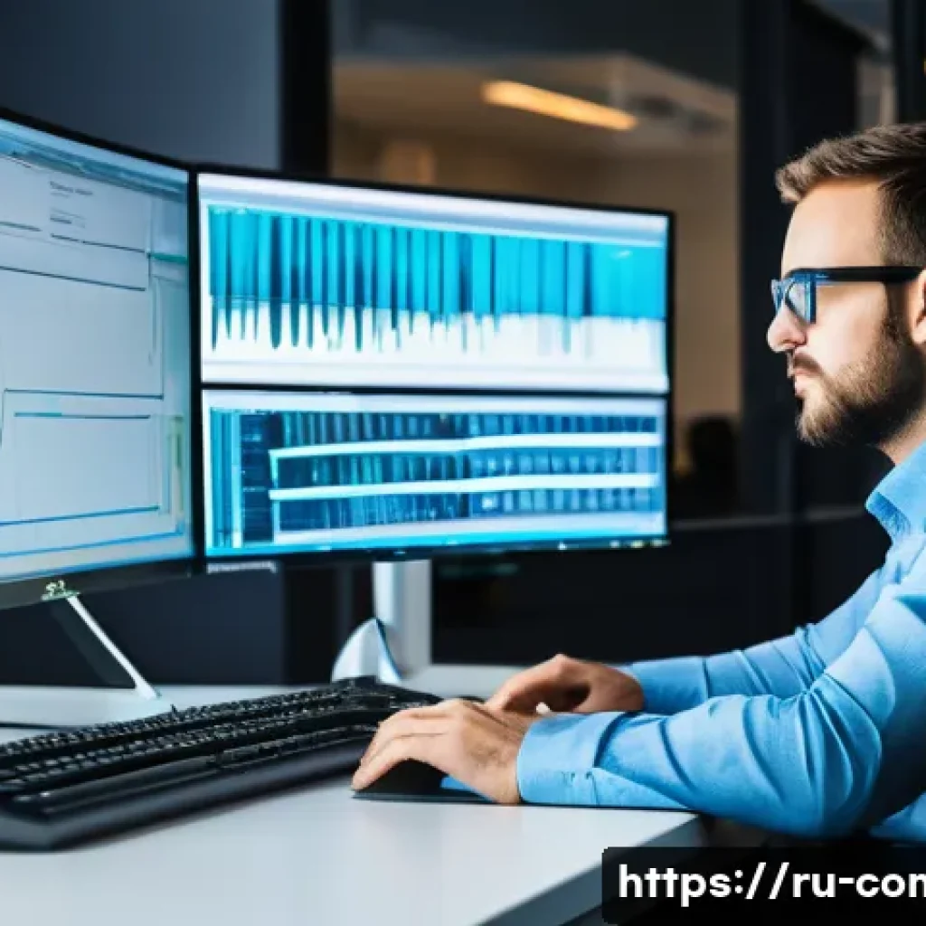 네트워크 패킷 캡처 및 분석 - A professional network engineer in a modern office environment, analyzing network traffic on a large...