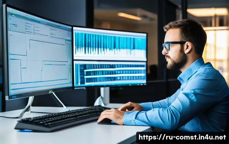 네트워크 패킷 캡처 및 분석 - A professional network engineer in a modern office environment, analyzing network traffic on a large...