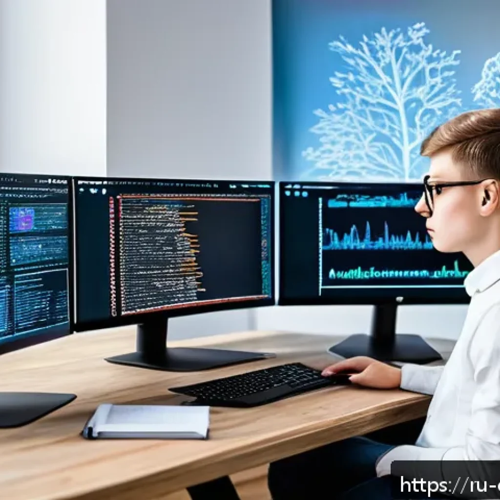 컴퓨터공학 전공 심화과목 - A modern tech workspace featuring a young Russian software developer intensely focused on coding alg...