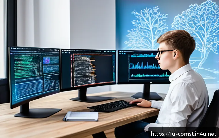 컴퓨터공학 전공 심화과목 - A modern tech workspace featuring a young Russian software developer intensely focused on coding alg...