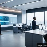 자율 시스템 소프트웨어 - A futuristic office environment showcasing an adaptive AI platform in action: diverse professionals ...