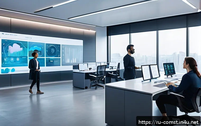 자율 시스템 소프트웨어 - A futuristic office environment showcasing an adaptive AI platform in action: diverse professionals ...