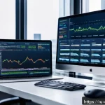 고급 웹 개발 기술 - A modern web developer working at a sleek office desk with multiple monitors displaying code editors...