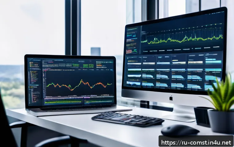 고급 웹 개발 기술 - A modern web developer working at a sleek office desk with multiple monitors displaying code editors...
