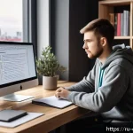 자바 프로그래밍 - A cozy home office scene featuring a young Russian programmer sitting at a modern wooden desk with a...