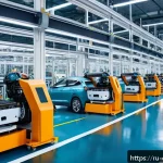 자율 시스템 및 로봇공학 - A modern Russian automotive factory interior with autonomous robots assembling cars on the productio...
