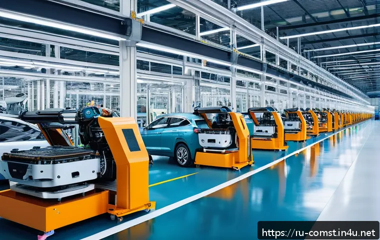 자율 시스템 및 로봇공학 - A modern Russian automotive factory interior with autonomous robots assembling cars on the productio...