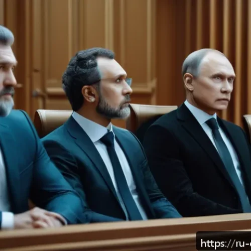인공지능 윤리 - A futuristic courtroom scene in Russia where a judge and lawyers engage in a debate about AI account...