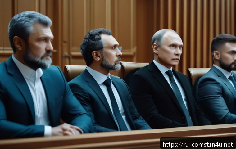 인공지능 윤리 - A futuristic courtroom scene in Russia where a judge and lawyers engage in a debate about AI account...