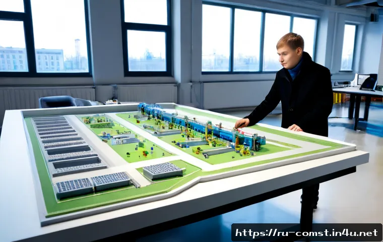 스마트 팩토리 설계 - Photorealistic smart factory design review in a modern Russian industrial engineering office, a seni...